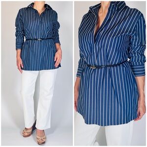 Woman’s Lauren Ralph Lauren Cotton Striped Nautical Shirt Tunic Top L Navy Blue